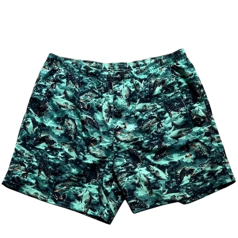 Columbia PFG Swim Trunks Large Green Fish Print Performance Fishing Gear 6in L‎